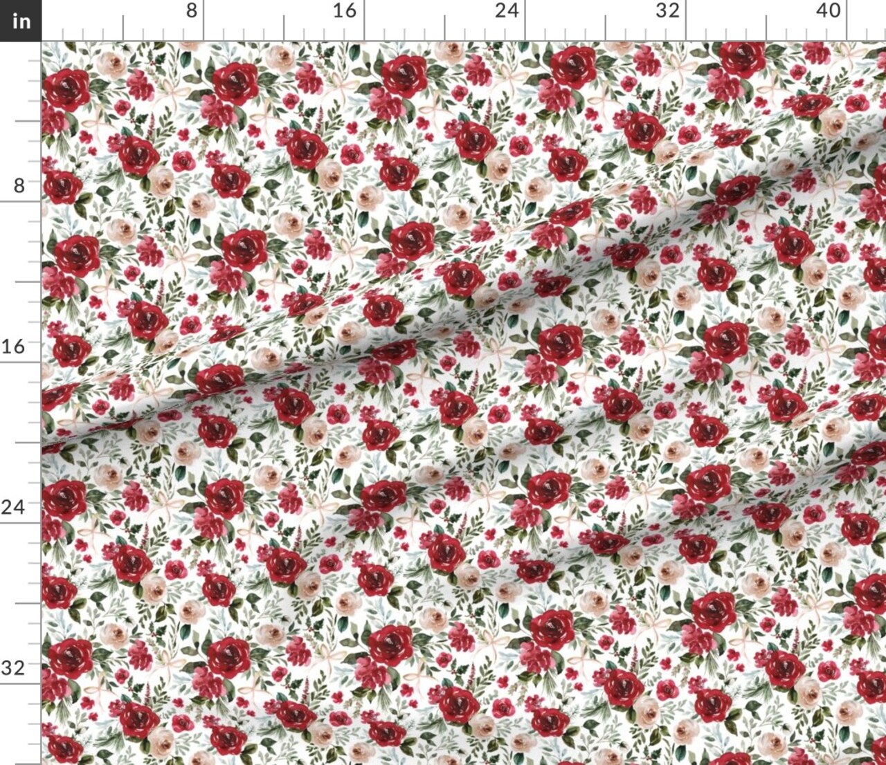 Watercolor Christmas Holidays Floral Botanical Pine Evergreen Ribbon Bow Christmas Floral Xmas Christmas Foliage Red Green Rose Holly Berries Custom Printed Fabric by Spoonflower Various Fabrics by the Yard or Fat Quarter